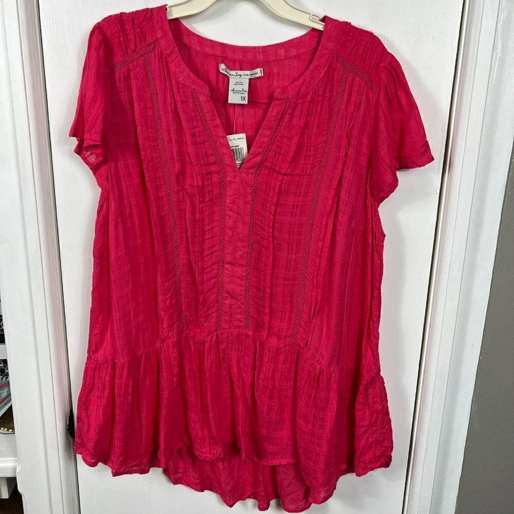American Rag pink high low blouse with lace trim.  Size 1X